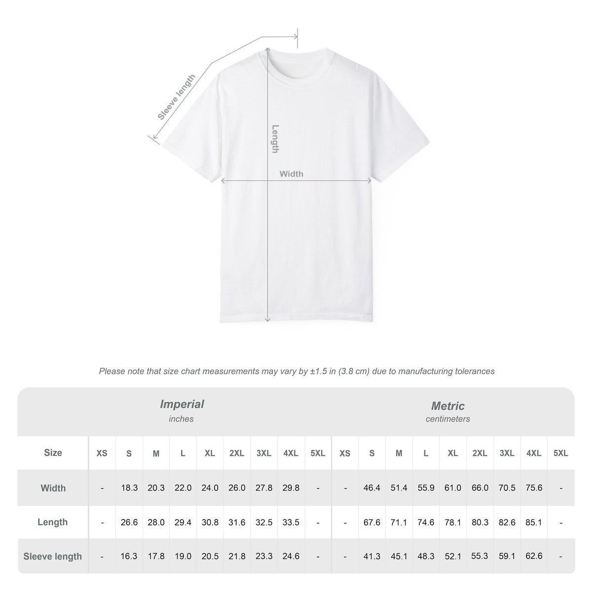White t-shirt with measurement chart on a white background