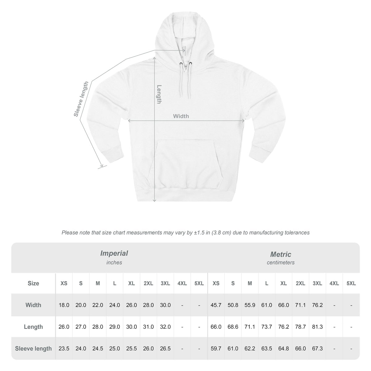 White hoodie with measurement chart on a white background
