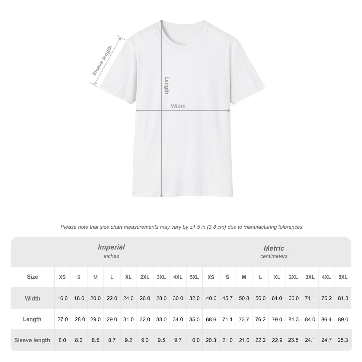 White t-shirt with size chart measurements on a white background