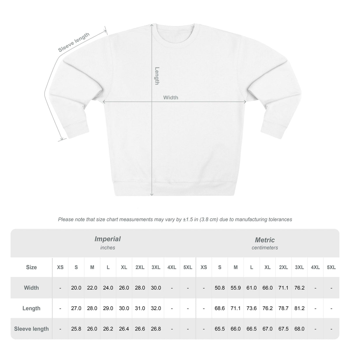 White long-sleeve shirt with size chart on a white background