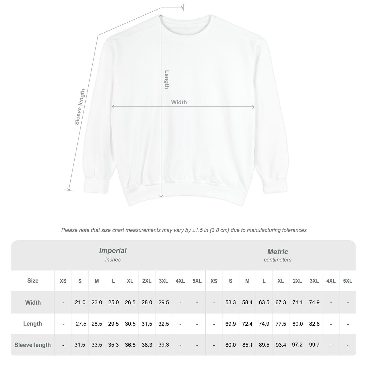 Measurement chart for a white t-shirt with dimensions labeled on a white background