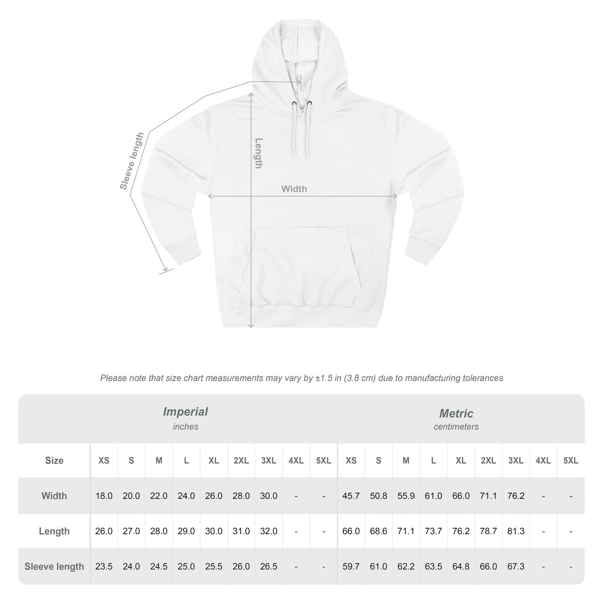 White hoodie with measurement chart on a white background
