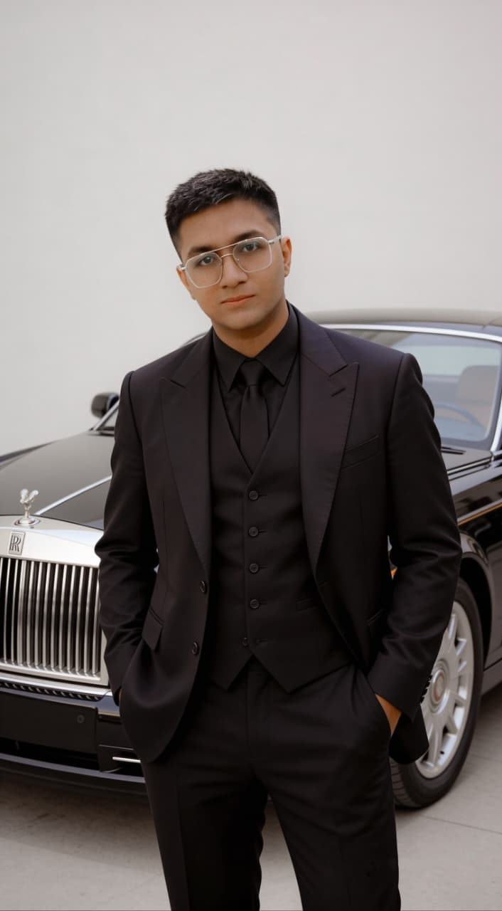 M. Hashir Mughal, owner of Astre wearing a black three-piece suit and clear-framed glasses stands in front of a black Rolls-Royce car against a plain light gray background.