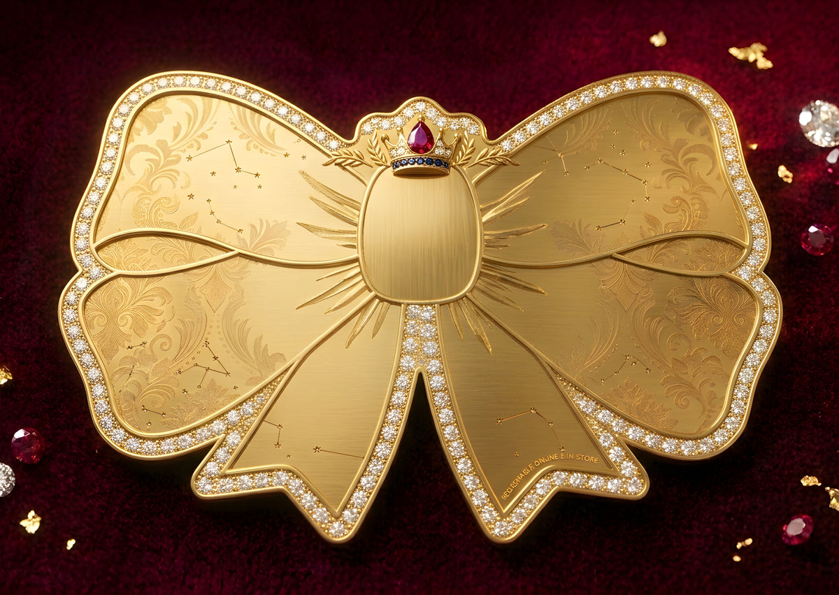 A large gold bow-shaped brooch or pendant with engraved floral details, a central oval medallion, and a small red gemstone at the top, bordered by clear stones. It is displayed on a deep red textured background with scattered decorative gems and gold flakes.