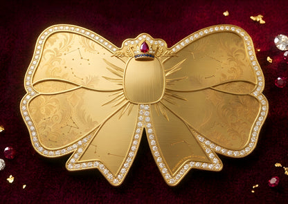 A large gold bow-shaped brooch or pendant with engraved floral details, a central oval medallion, and a small red gemstone at the top, bordered by clear stones. It is displayed on a deep red textured background with scattered decorative gems and gold flakes.